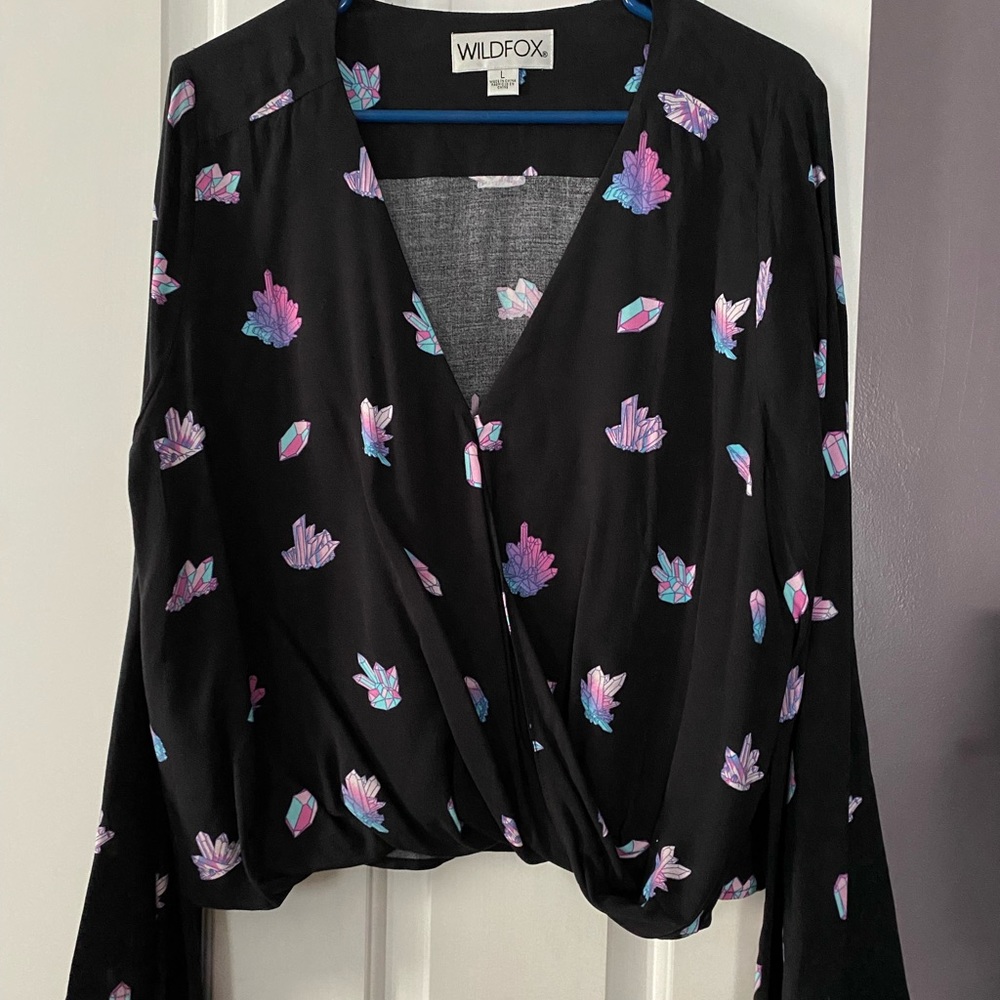 Wildfox Crystal Print Faux-Wrap Top with Bell Sleeves